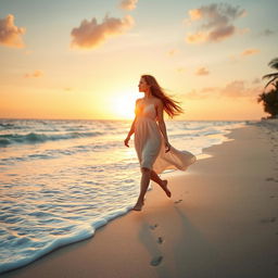 A young woman walking gracefully on a pristine beach during sunset, the golden sun setting on the horizon, casting a warm glow