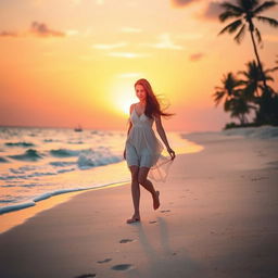 A young woman walking gracefully on a pristine beach during sunset, the golden sun setting on the horizon, casting a warm glow