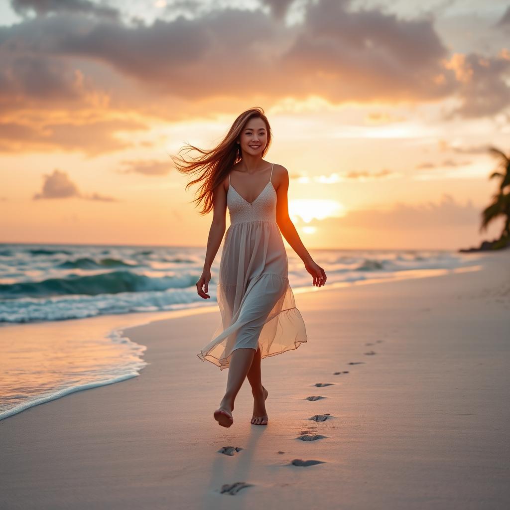 A young woman walking gracefully on a pristine beach during sunset, the golden sun setting on the horizon, casting a warm glow