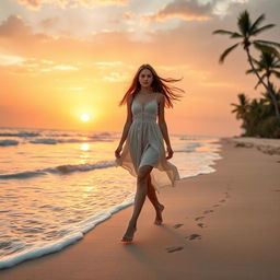 A young woman walking gracefully on a pristine beach during sunset, the golden sun setting on the horizon, casting a warm glow
