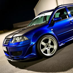 A blue 2001 VW Passat R36 L wagon functioning as a drift car, featuring pronounced fender flares, a distinctive drifting livery, a carbon fiber hood, and aggressive aero and body kit modifications