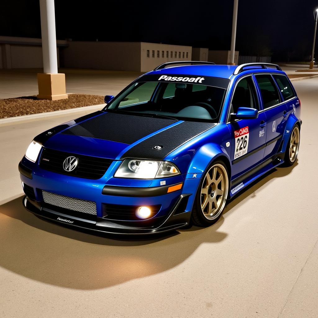 A blue 2001 VW Passat R36 L wagon functioning as a drift car, featuring pronounced fender flares, a distinctive drifting livery, a carbon fiber hood, and aggressive aero and body kit modifications