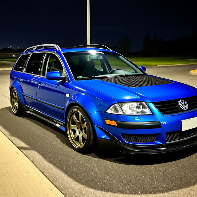 A blue 2001 VW Passat R36 L wagon functioning as a drift car, featuring pronounced fender flares, a distinctive drifting livery, a carbon fiber hood, and aggressive aero and body kit modifications