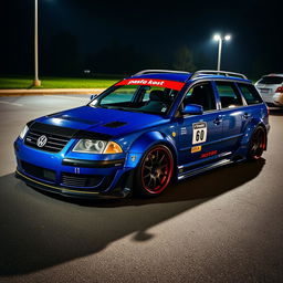 A blue 2001 VW Passat R36 L wagon functioning as a drift car, featuring pronounced fender flares, a distinctive drifting livery, a carbon fiber hood, and aggressive aero and body kit modifications
