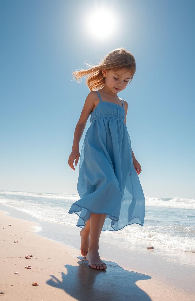 A 13-year-old girl walking on a beach, gazing down at the ocean water, which gently laps at her feet