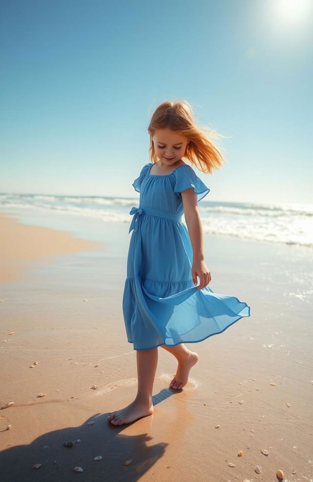 A 13-year-old girl walking on a beach, gazing down at the ocean water, which gently laps at her feet