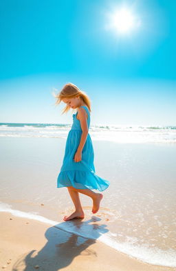 A 13-year-old girl walking on a beach, gazing down at the ocean water, which gently laps at her feet