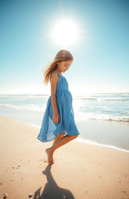 A 13-year-old girl walking on a beach, gazing down at the ocean water, which gently laps at her feet
