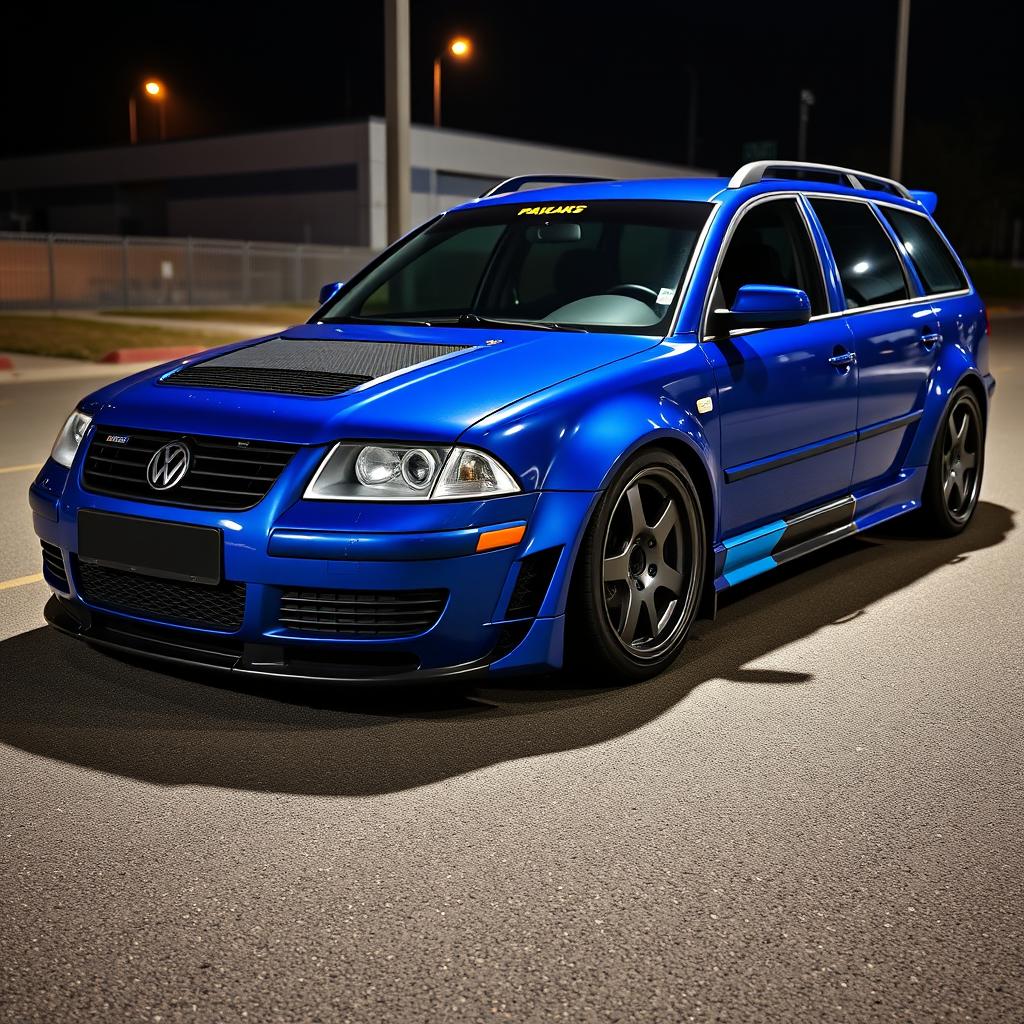 A blue 2001 VW Passat R36 L wagon designed as a drift car, featuring noticeable fender flares and an aggressive body kit with a dramatic aero design