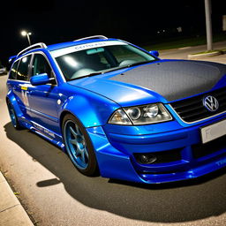 A blue 2001 VW Passat R36 L wagon designed as a drift car, featuring noticeable fender flares and an aggressive body kit with a dramatic aero design