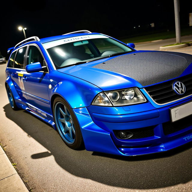 A blue 2001 VW Passat R36 L wagon designed as a drift car, featuring noticeable fender flares and an aggressive body kit with a dramatic aero design