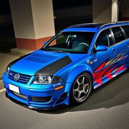 A blue 2001 VW Passat R36 L wagon designed as a drift car, featuring noticeable fender flares and an aggressive body kit with a dramatic aero design