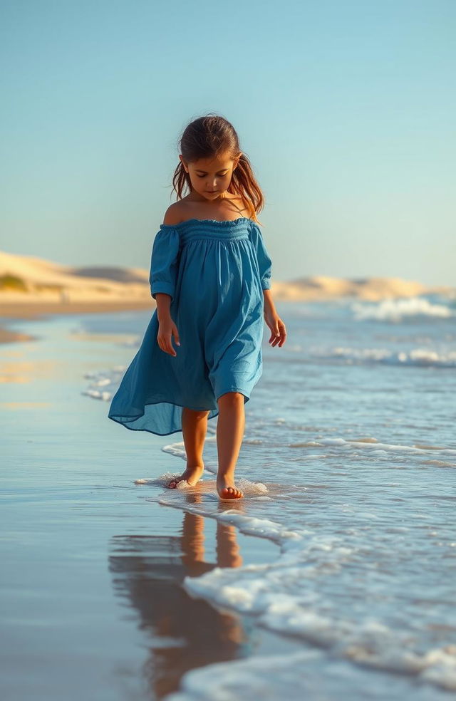 A young girl with olive skin walking on a serene beach