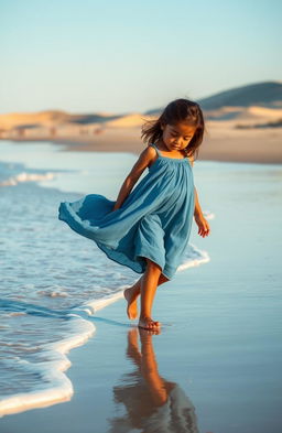 A young girl with olive skin walking on a serene beach