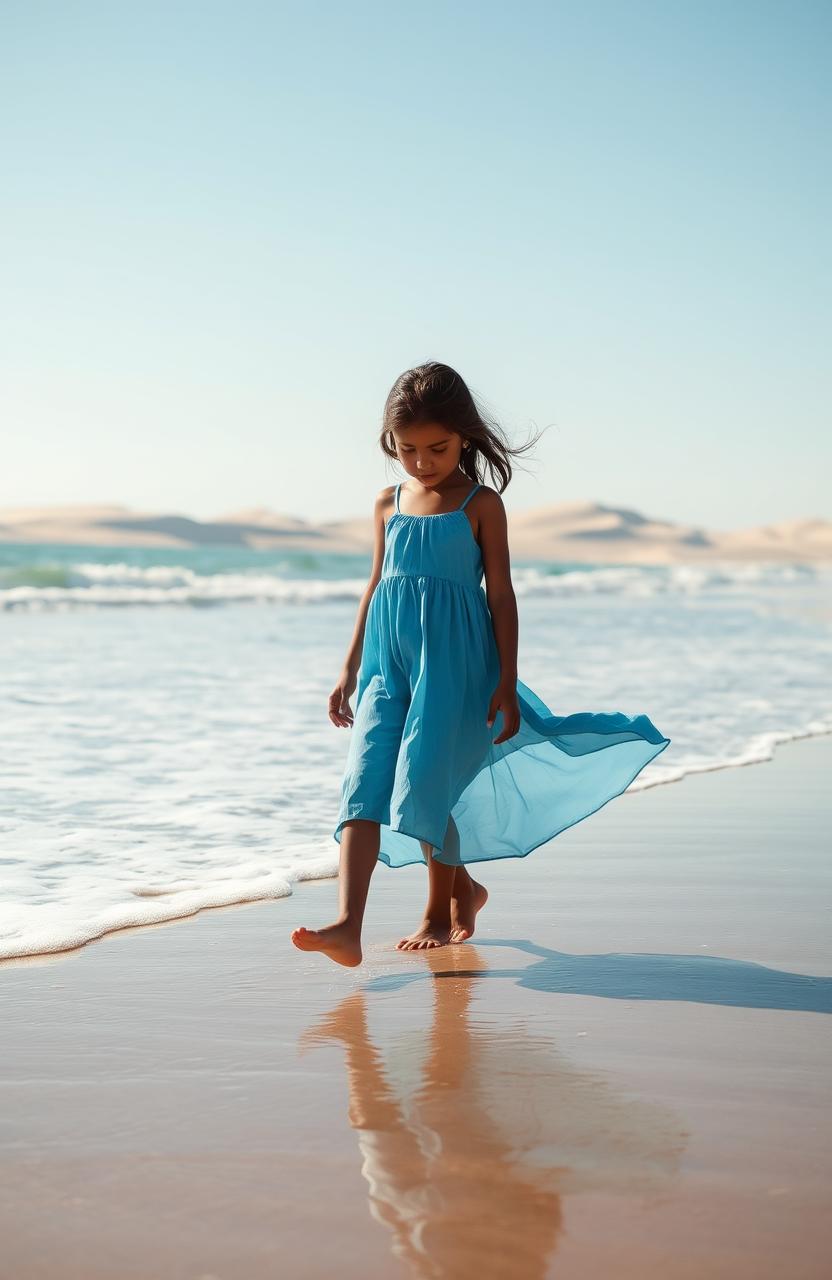 A young girl with olive skin walking on a serene beach