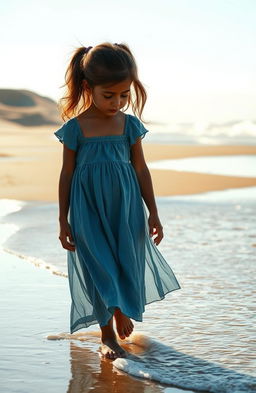 A young girl with olive skin walking on a serene beach