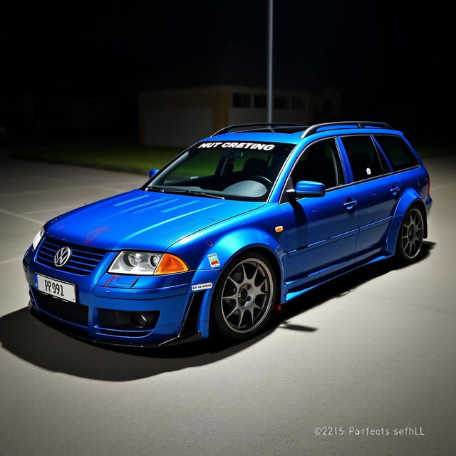 A striking blue 2001 VW Passat R36 L wagon styled as a drift car, featuring eye-catching fender flares, a thrilling drifting livery, a sleek carbon hood, and an aggressive aerodynamic body kit