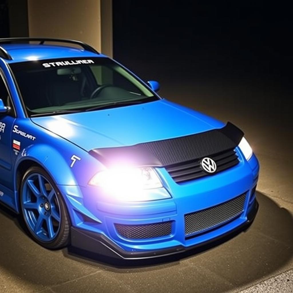 A striking blue 2001 VW Passat R36 L wagon styled as a drift car, featuring eye-catching fender flares, a thrilling drifting livery, a sleek carbon hood, and an aggressive aerodynamic body kit