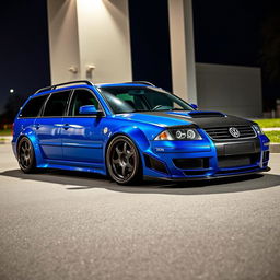 A striking blue 2001 VW Passat R36 L wagon styled as a drift car, featuring eye-catching fender flares, a thrilling drifting livery, a sleek carbon hood, and an aggressive aerodynamic body kit