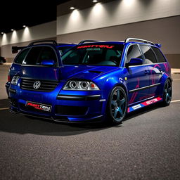 A striking blue 2001 VW Passat R36 L wagon styled as a drift car, featuring eye-catching fender flares, a thrilling drifting livery, a sleek carbon hood, and an aggressive aerodynamic body kit