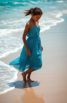 A girl with olive skin walking on a serene beach, her expression pensive as she gazes down at the ocean water lapping at her feet