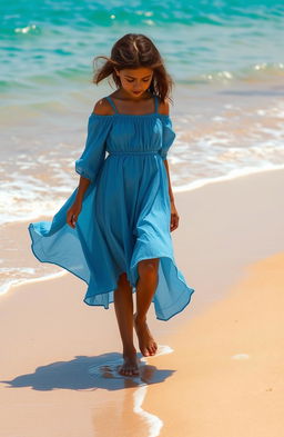 A girl with olive skin walking on a serene beach, her expression pensive as she gazes down at the ocean water lapping at her feet
