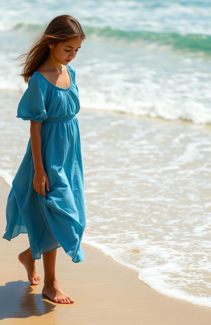 A girl with olive skin walking on a serene beach, her expression pensive as she gazes down at the ocean water lapping at her feet