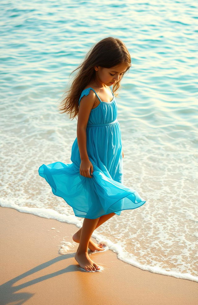 A girl with olive skin walking on a serene beach, her expression pensive as she gazes down at the ocean water lapping at her feet