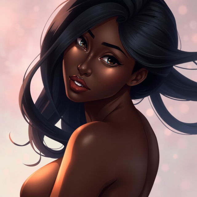 A strikingly beautiful black anime woman, depicted in a tasteful and artistic nude pose, showcasing her elegant curves and features