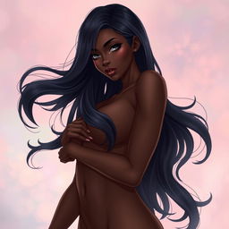 A strikingly beautiful black anime woman, depicted in a tasteful and artistic nude pose, showcasing her elegant curves and features