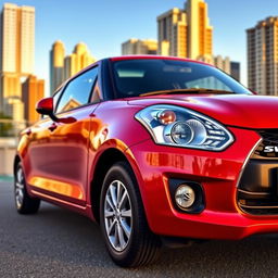 A sleek, modern Suzuki Swift Dzire parked in an urban setting, showcasing its vibrant color and stylish design