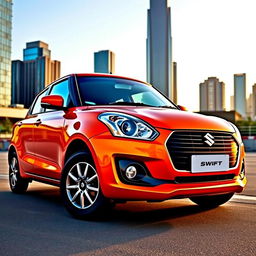 A sleek, modern Suzuki Swift Dzire parked in an urban setting, showcasing its vibrant color and stylish design