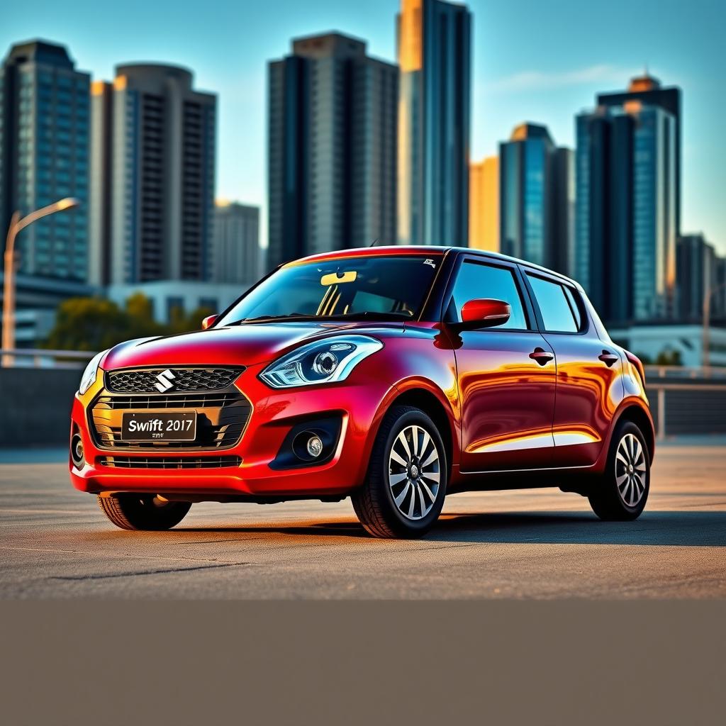 A sleek, modern Suzuki Swift Dzire parked in an urban setting, showcasing its vibrant color and stylish design