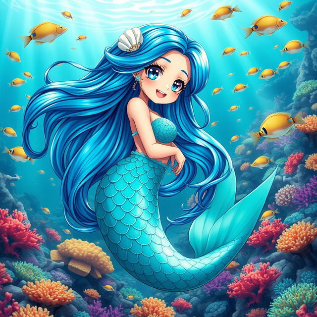 A captivating anime mermaid with long flowing hair that shimmers in the ocean light, featuring vibrant scales that transition from deep blue to bright turquoise