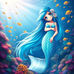A captivating anime mermaid with long flowing hair that shimmers in the ocean light, featuring vibrant scales that transition from deep blue to bright turquoise
