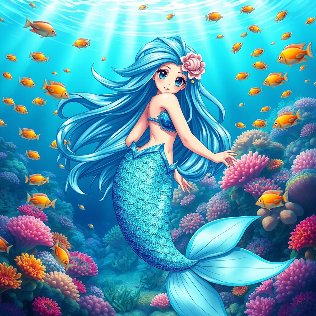 A captivating anime mermaid with long flowing hair that shimmers in the ocean light, featuring vibrant scales that transition from deep blue to bright turquoise