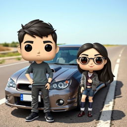 A Funko Pop style depiction of a 20-year-old boy with short dark hair and a girl of Chinese descent with long hair, posing next to a sleek gray 2007 Subaru STI parked by the roadside
