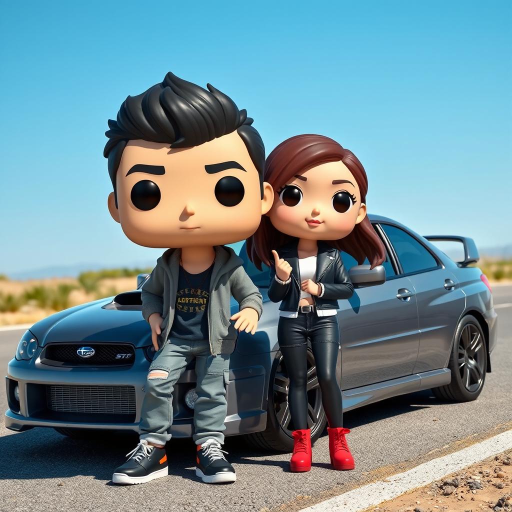 A Funko Pop style depiction of a 20-year-old boy with short dark hair and a girl of Chinese descent with long hair, posing next to a sleek gray 2007 Subaru STI parked by the roadside