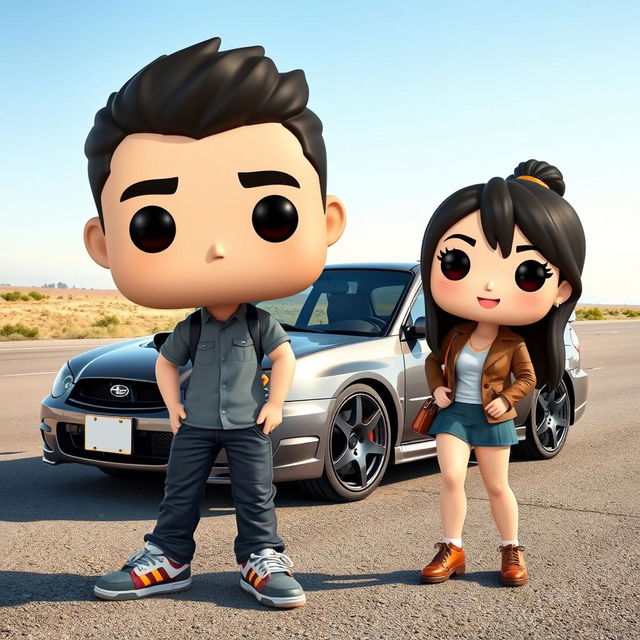 A Funko Pop style depiction of a 20-year-old boy with short dark hair and a girl of Chinese descent with long hair, posing next to a sleek gray 2007 Subaru STI parked by the roadside