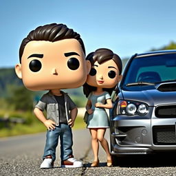 A Funko Pop figure of a 20-year-old male with short dark hair, standing alongside a female character of Chinese descent with long hair