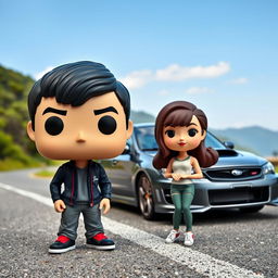 A Funko Pop figure of a 20-year-old male with short dark hair, standing alongside a female character of Chinese descent with long hair