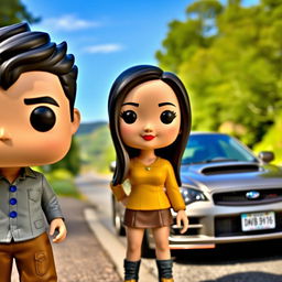 A Funko Pop figure of a 20-year-old male with short dark hair, standing alongside a female character of Chinese descent with long hair