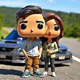 A Funko Pop figure of a 20-year-old male with short dark hair, standing alongside a female character of Chinese descent with long hair