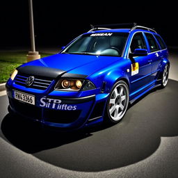 A blue 2001 VW Passat R36 wagon designed for drifting, showcasing fender flares and an aggressive aero and body kit
