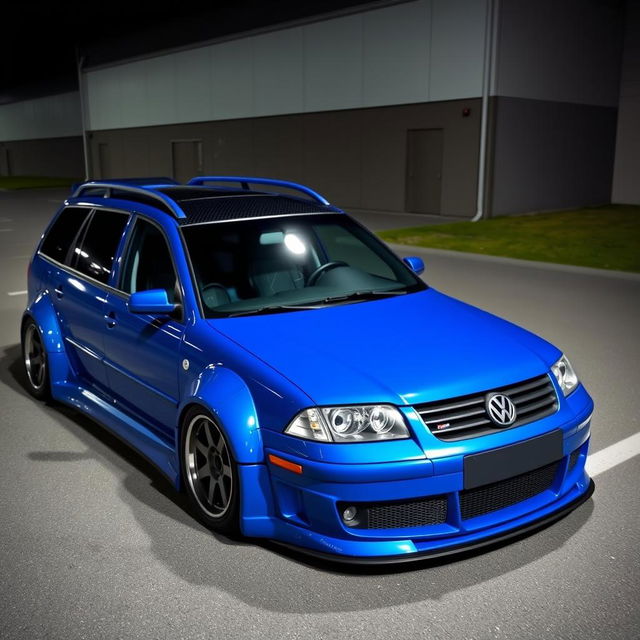 A blue 2001 VW Passat R36 wagon designed for drifting, showcasing fender flares and an aggressive aero and body kit