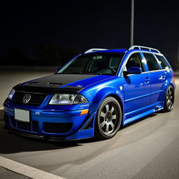 A blue 2001 VW Passat R36 wagon designed for drifting, showcasing fender flares and an aggressive aero and body kit