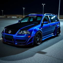 A blue 2001 VW Passat R36 wagon designed for drifting, showcasing fender flares and an aggressive aero and body kit