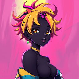 A striking and artistic representation of a black anime character in a funky, vibrant style