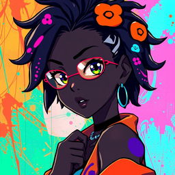 A striking and artistic representation of a black anime character in a funky, vibrant style