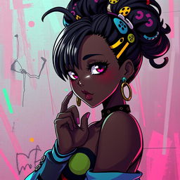 A striking and artistic representation of a black anime character in a funky, vibrant style